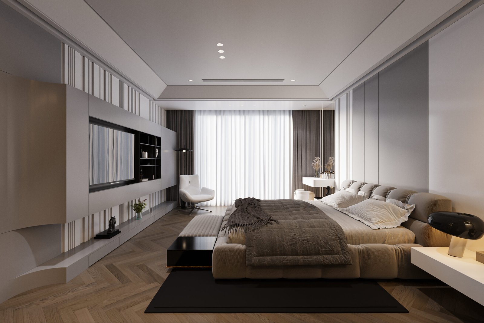 Luxurious bedroom interior with Cozy and effortless bed, TV unit with TV and stuff in front of  the bed, 3D rendering